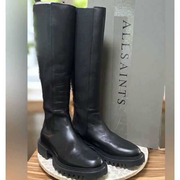 AllSaints Maeve Black Leather Knee High Boots Lug Sole Stretch Panel US 11 EU 41 - Picture 7 of 16